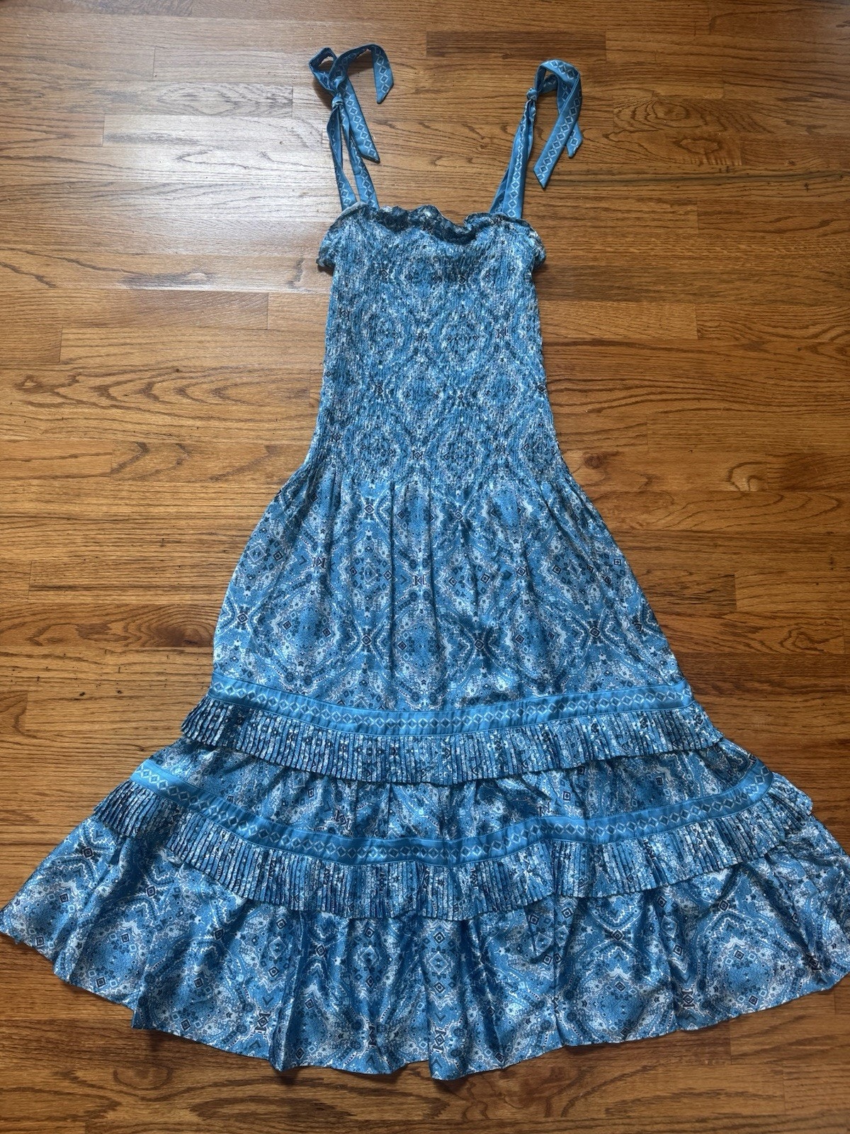 Nwt Ramy Brook Maxi Dress Womens Small Mermaid Blue Smocked Tiered Pleated Beach